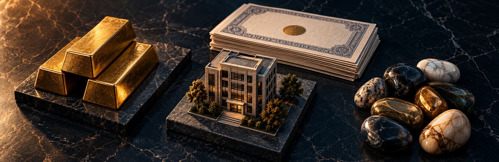An editorial image of a single large block dissolving into several smaller balanced blocks along a calm horizon, in navy, gold, and cream, suggesting a concentrated business converted into a diversified plan