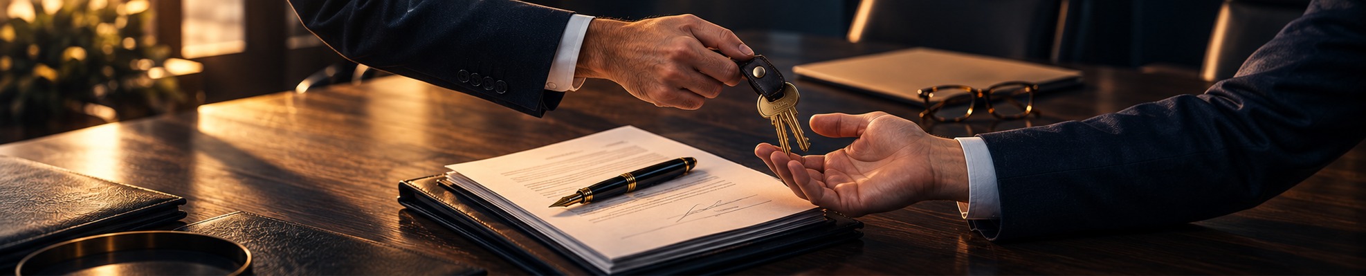 Two hands exchanging a set of keys over a signed closing document with a fountain pen resting on the signature page, on a dark wood boardroom table, representing the moment a business sale changes hands at closing