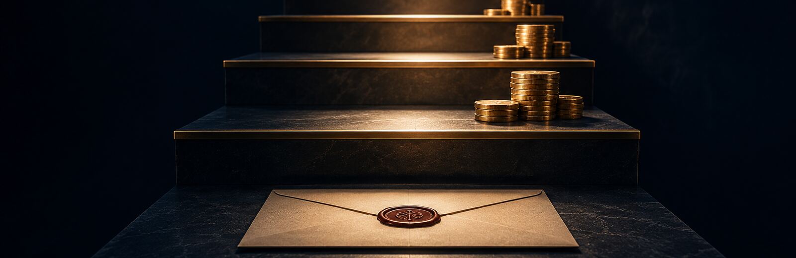 A sealed envelope on the bottom step of a staircase with stacks of gold coins growing larger on each step above, representing staged earnout payments made over time after a business sale