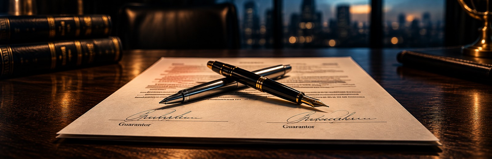 A pen resting on a signed personal guarantee document beside a house key on a wooden desk, representing personal assets pledged behind a business loan or lease