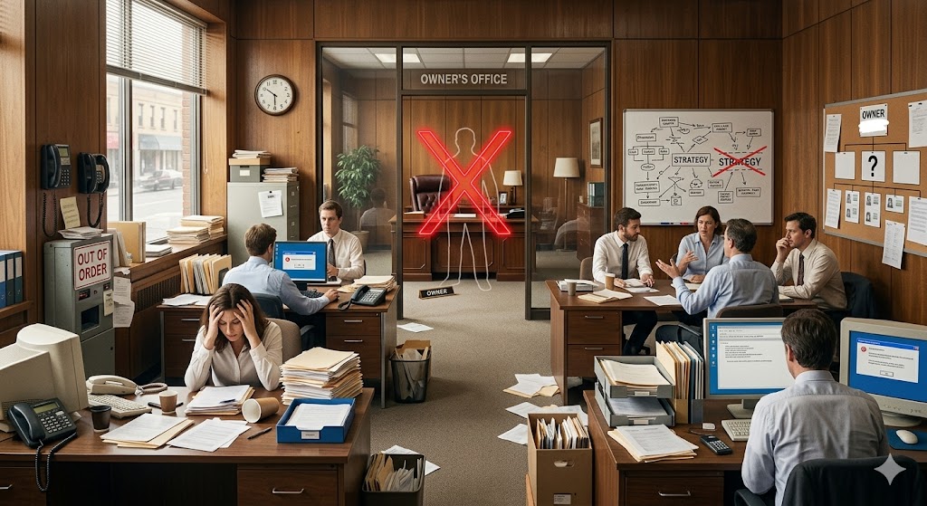Chaotic office scene with an empty owner's office, representing the Owner Dependence Audit