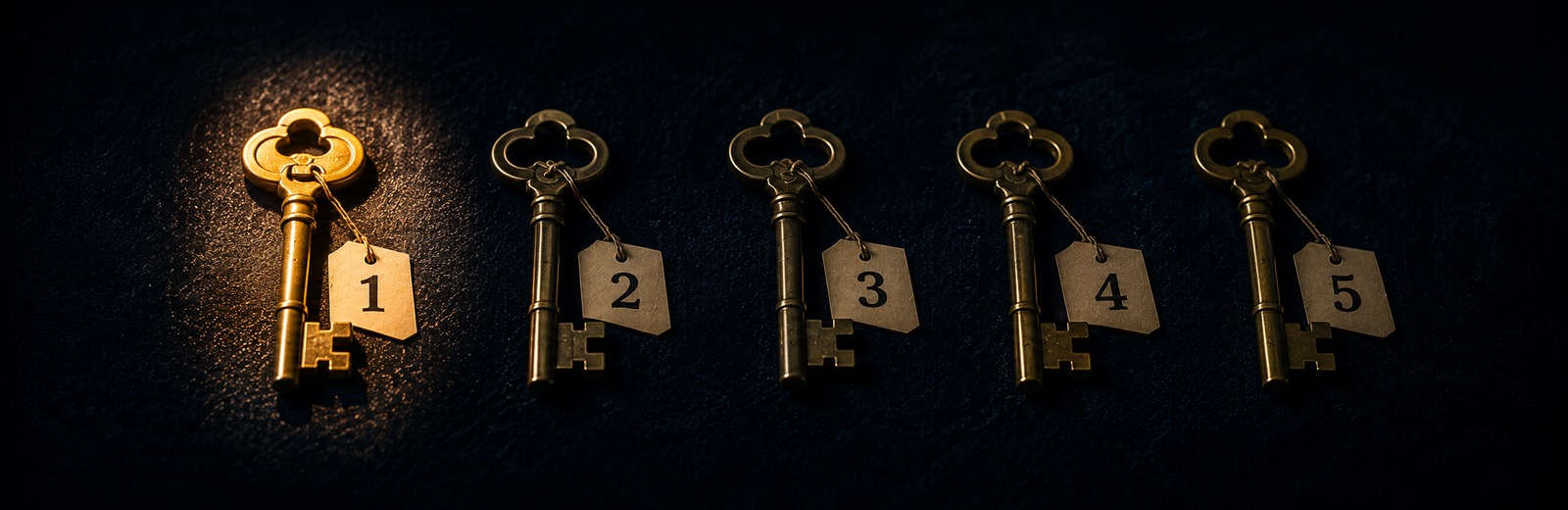Five antique brass keys in a row on a dark surface, the first key lit in gold light while the rest sit in shadow, representing priority ranking among competing security interests