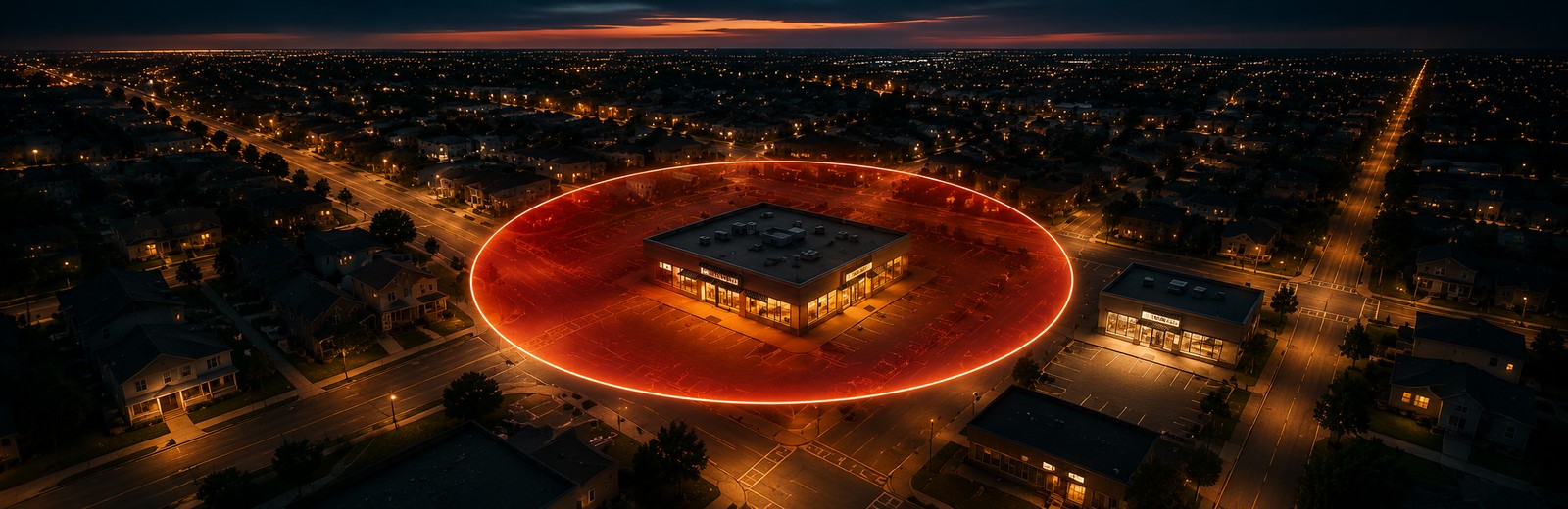 An aerial night view of a business surrounded by a glowing red circle marking the boundary of a non-compete radius