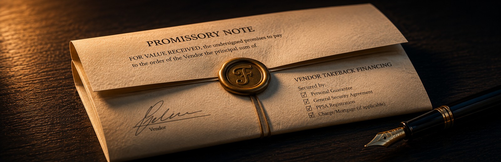 A sealed promissory note for vendor take-back financing on a dark wooden desk, closed with a wax seal, next to a fountain pen, listing security including a personal guarantee, general security agreement, PPSA registration, and mortgage or charge