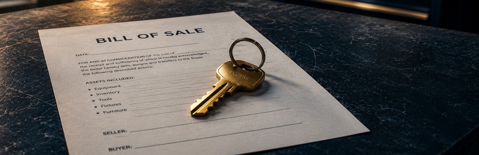 A set of keys and a bill of sale on a workshop counter, representing the transfer of specific business assets from seller to buyer