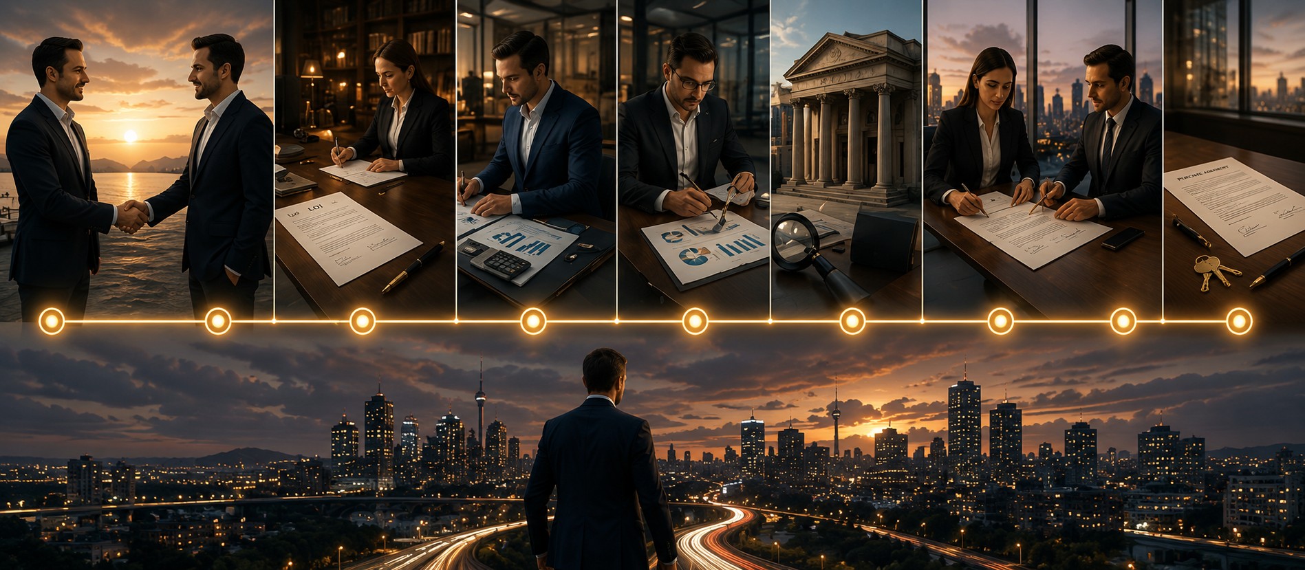 A buyer and seller shaking hands over a desk with a business purchase agreement, keys, and a magnifying glass, representing the path from handshake to closing when buying a business in Ontario
