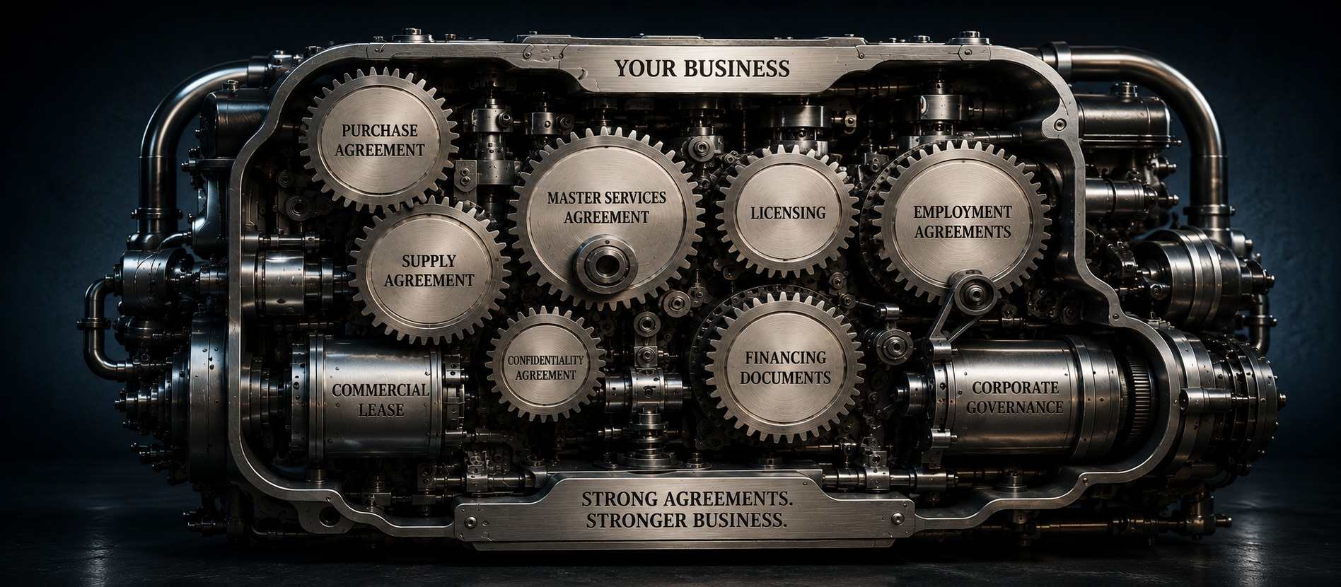 Gears labeled with commercial contract types including purchase agreement, master services agreement, supply agreement and commercial lease, representing how strong agreements keep a business running