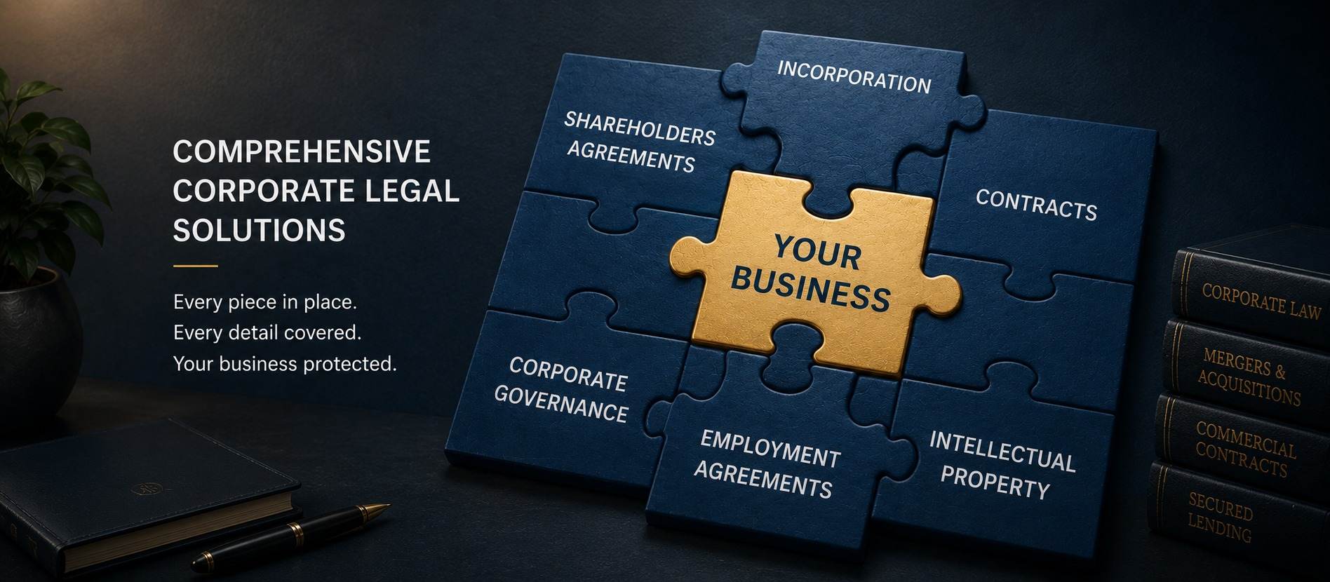 Puzzle pieces labelled incorporation, shareholder agreements, corporate governance, employment agreements, contracts, and intellectual property fitting together around a gold piece labelled your business