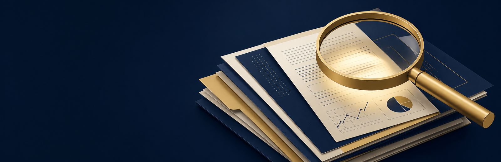 A magnifying glass over a stack of business records, representing the financial, legal, and operational checks a buyer runs before closing