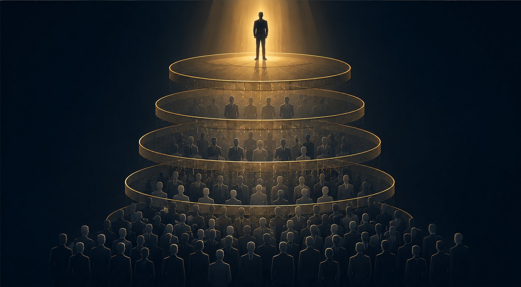 A lone figure lit by a spotlight atop a tiered pyramid of ranked buyers in silhouette, representing how few buyers rise above the crowd to earn access to a deal