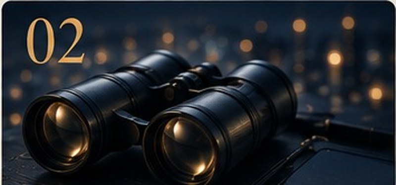 Vintage binoculars on a desk overlooking a city skyline at dusk, representing the search for acquisition targets