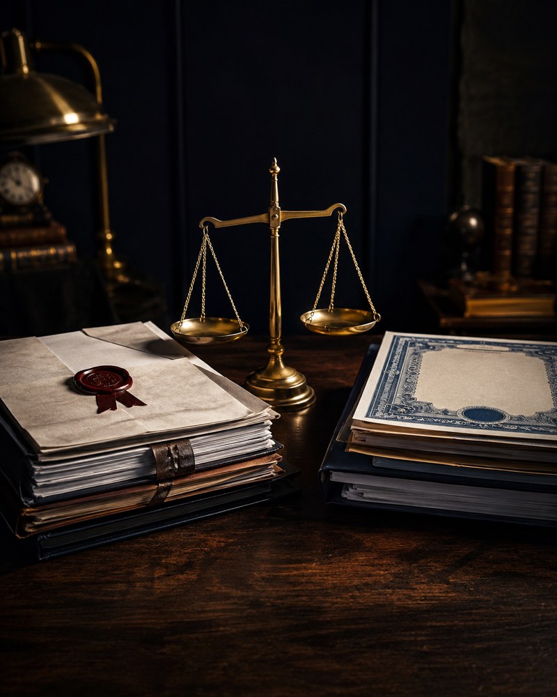 Stacks of asset and share purchase documents with a brass balance scale, comparing deal structures