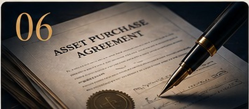 A fountain pen resting on a signed asset purchase agreement bearing a gold seal