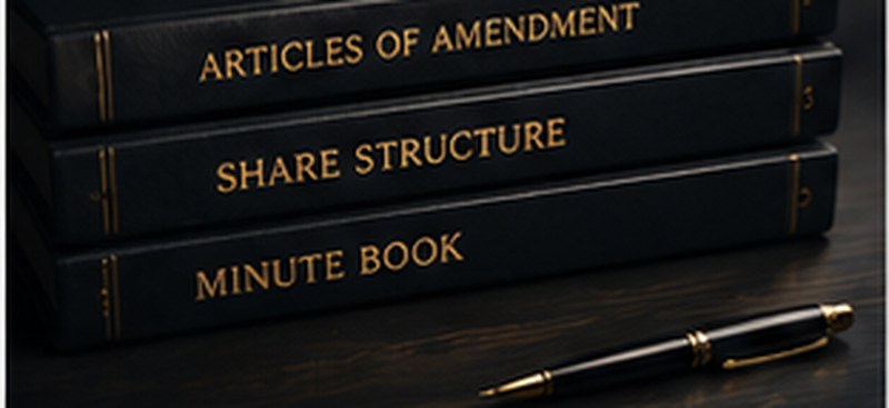Articles of amendment, share structure, and minute book
