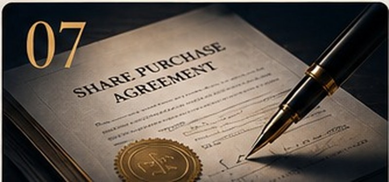 A fountain pen resting on a signed share purchase agreement bearing a gold seal