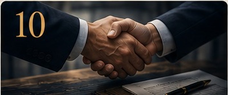 A handshake over a signed agreement, representing vendor take-back financing between buyer and seller