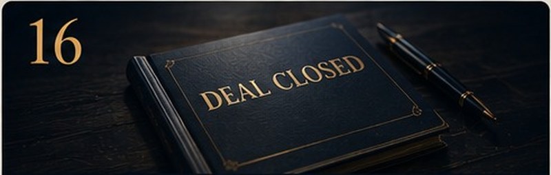 A book stamped Deal Closed resting beside a pen on a dark wood desk
