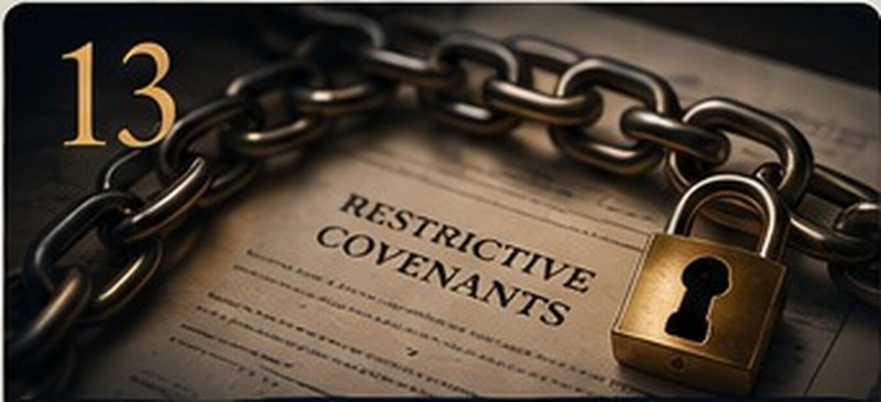 A padlock and chain resting on a restrictive covenants document