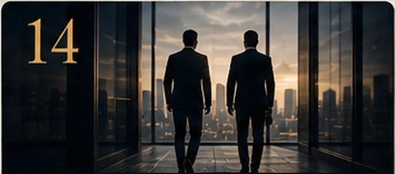 Two silhouetted figures walking toward a bright doorway overlooking a city skyline, representing the transition after closing