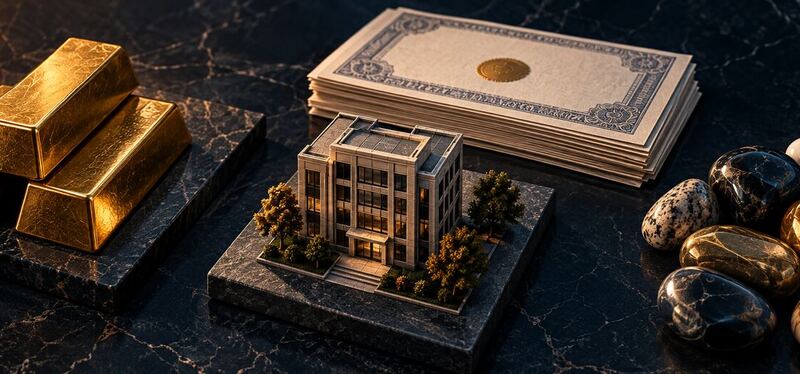 Gold bars, cash, a diversified holdings building, and gemstones representing asset classes for managing business sale proceeds