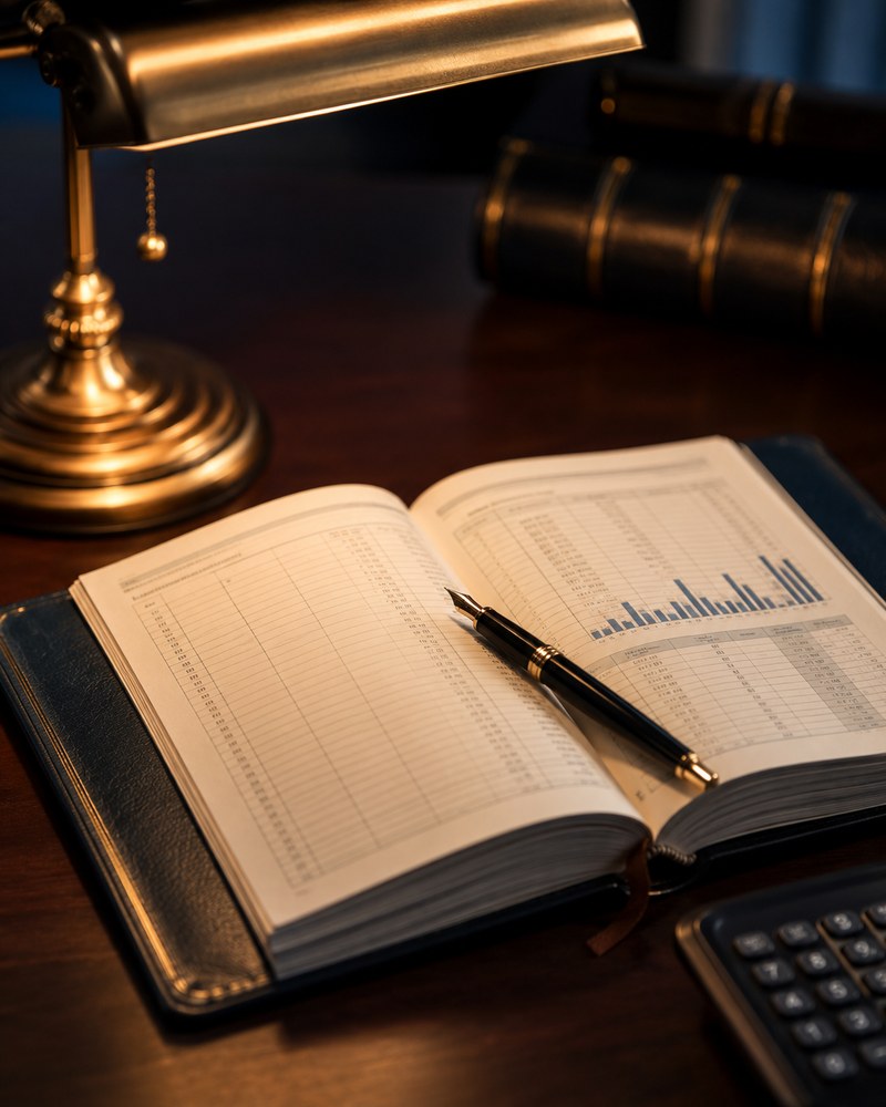 Ledger with a fountain pen, calculator, and brass desk lamp for preparing financial statements