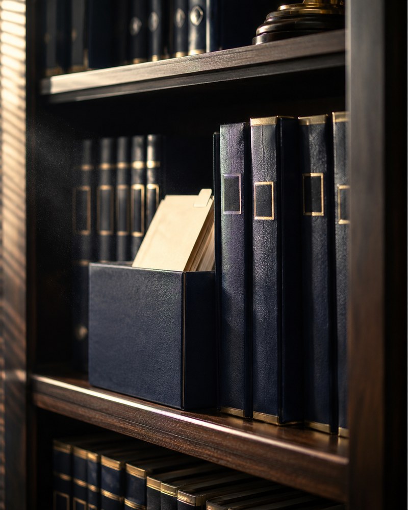 Navy leather corporate record binders neatly organized on a shelf