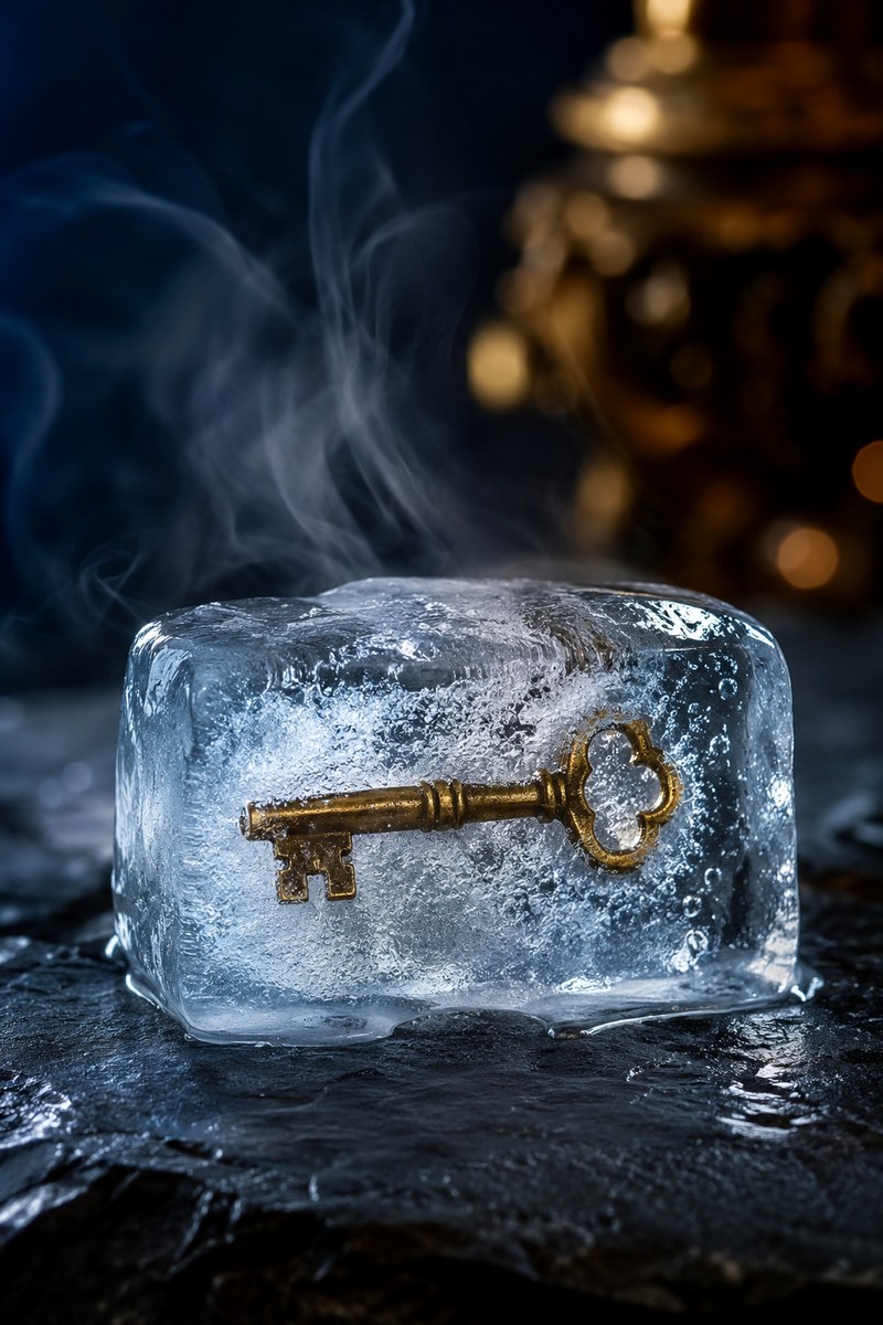 Antique brass key frozen in a block of ice, representing an estate freeze