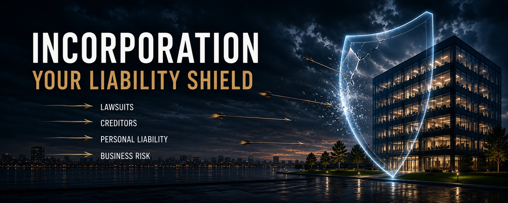 A glowing shield blocking arrows labelled lawsuits, creditors, personal liability, and business risk in front of a glass office building, representing how incorporation protects your personal assets