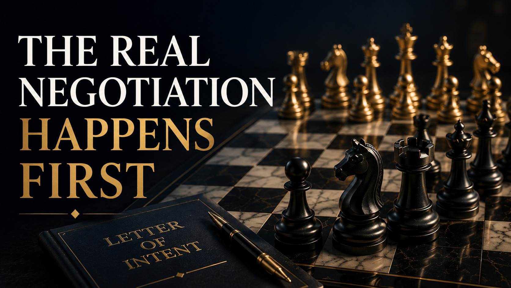A chessboard set for the opening move beside a leather-bound letter of intent and pen, representing how the letter of intent sets the direction for the whole negotiation