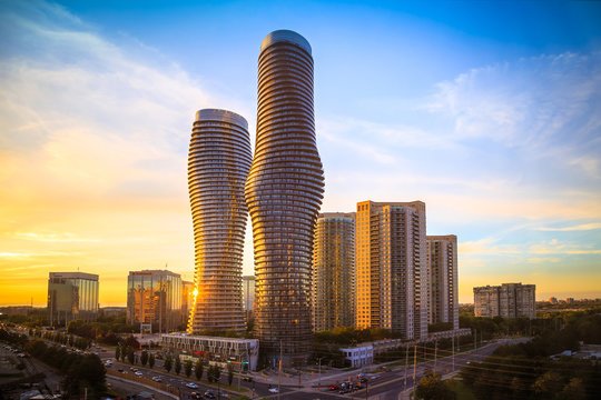 The Absolute World towers in Mississauga at sunset