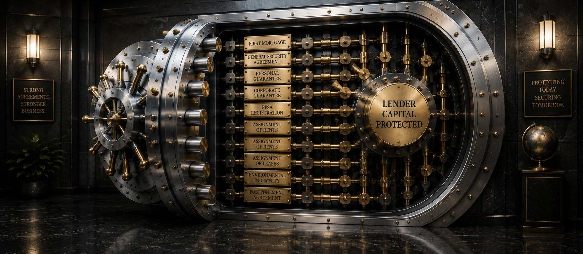 Bank vault door with locking bolts labeled with secured lending instruments including first mortgage, general security agreement, personal guarantee, corporate guarantee, PPSA registration, assignment of rents, assignment of leases, environmental indemnity, and postponement agreement, representing how layered security protects lender capital
