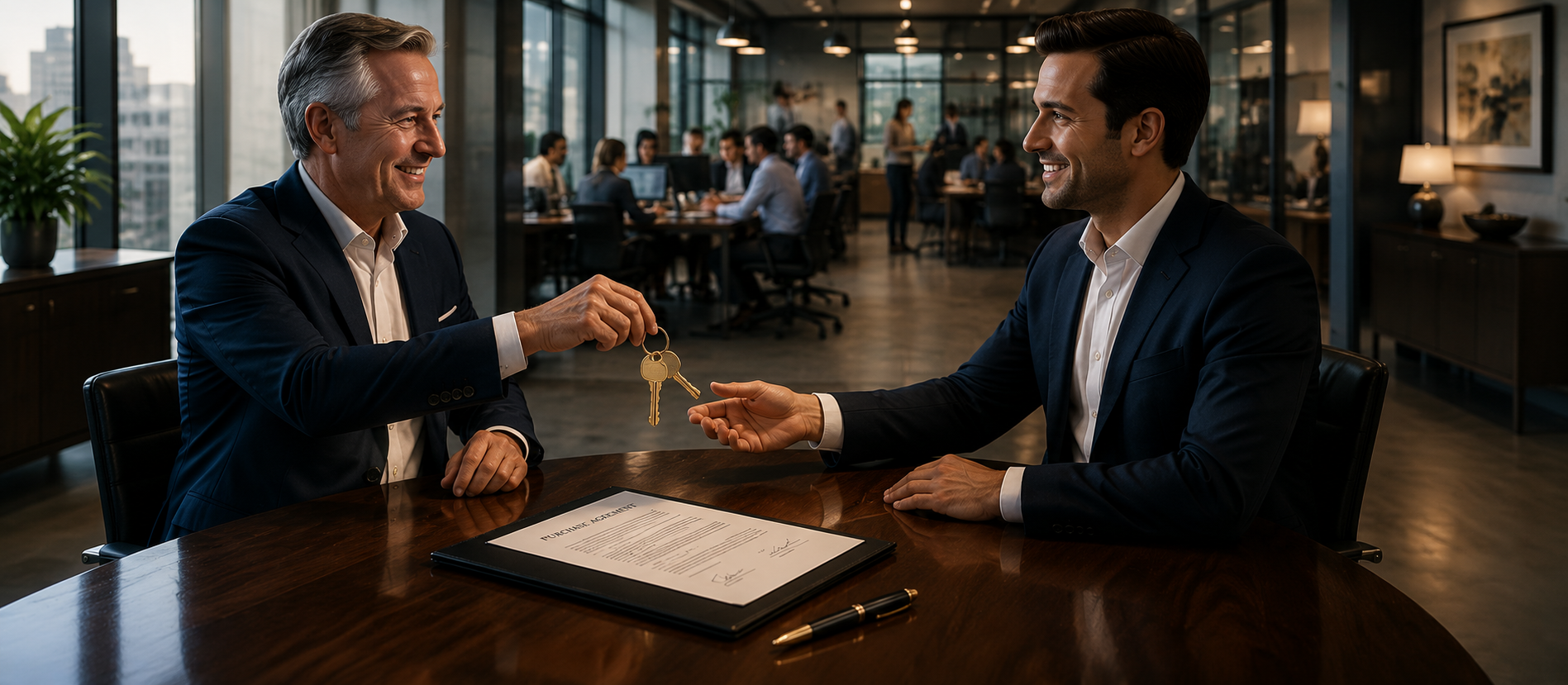 Two businessmen shaking hands and exchanging keys over a signed purchase agreement at an office table, representing the sale of a business
