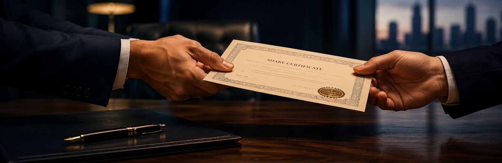 Two hands exchanging a folded stock certificate over a boardroom table, representing the transfer of shares in a business sale