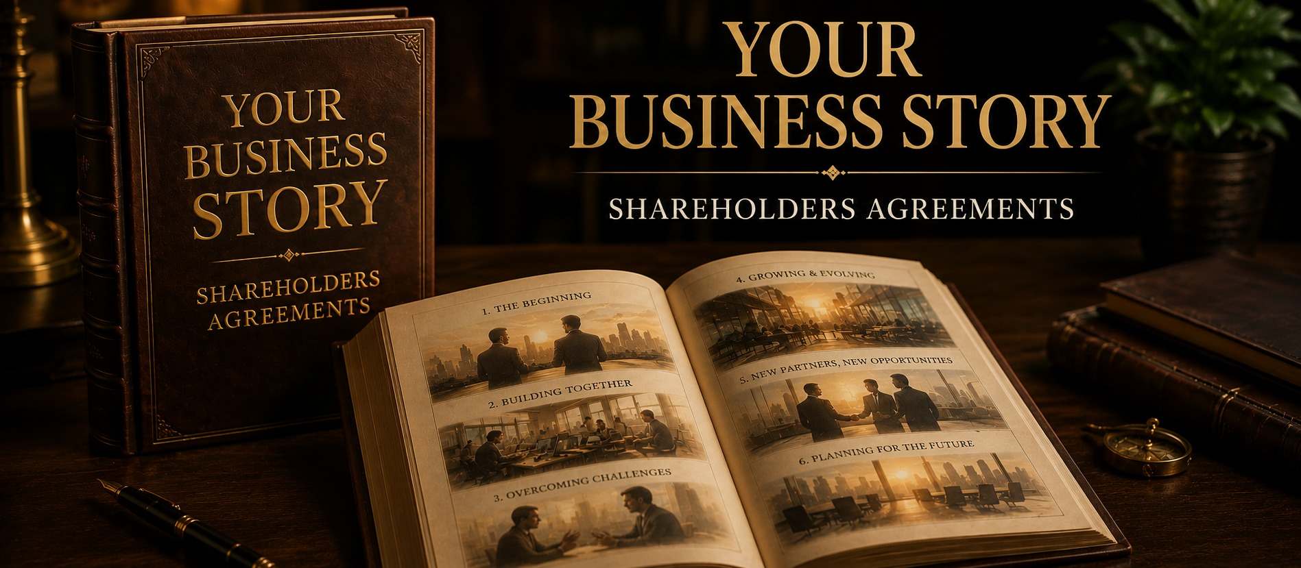 An ornate leather-bound book titled Your Business Story: Shareholders Agreements, open to illustrated chapters showing a business partnership's beginning, growth, and future planning
