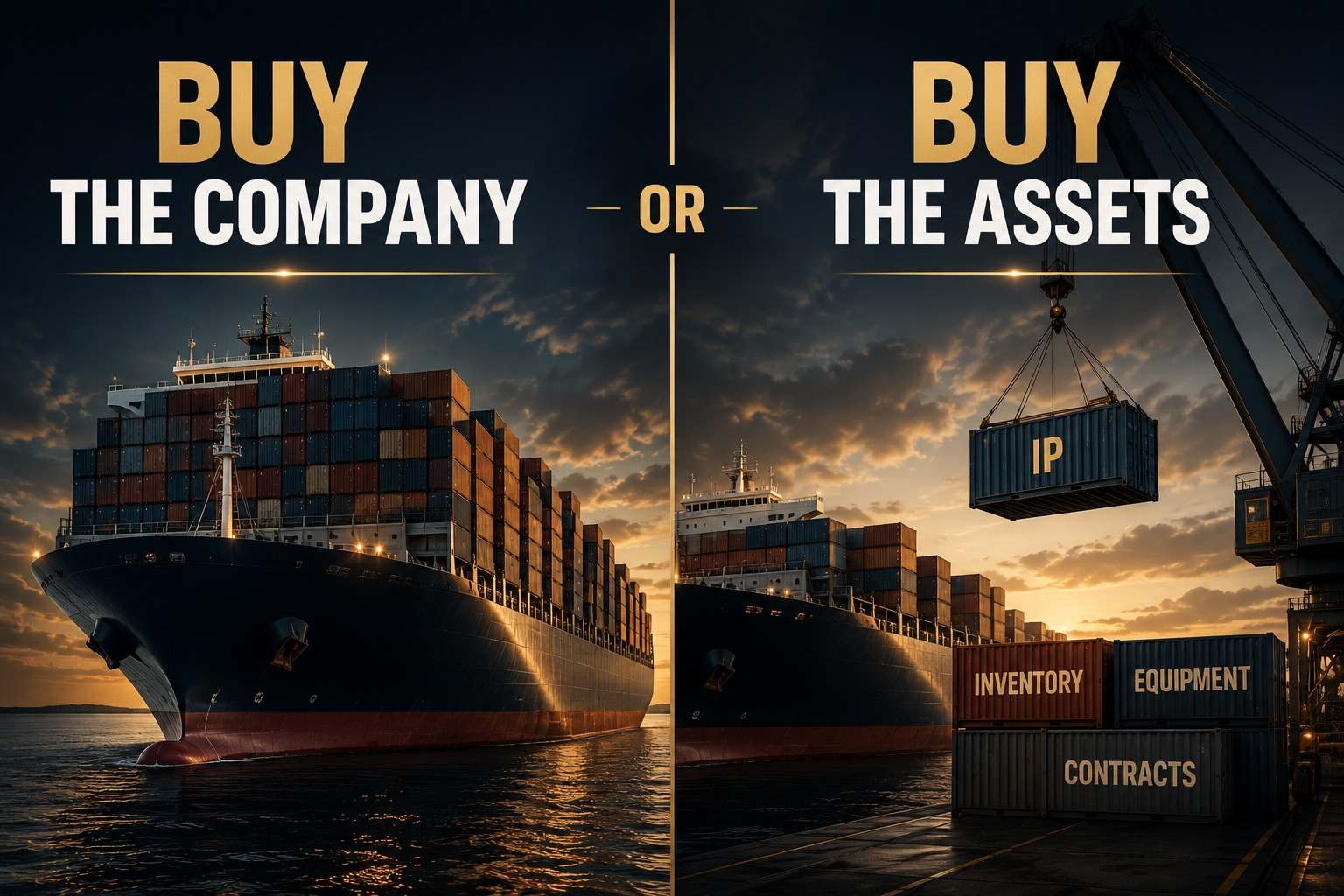 Buy the company or buy the assets — two container ships illustrating the difference between a share purchase and an asset purchase in an M&A deal