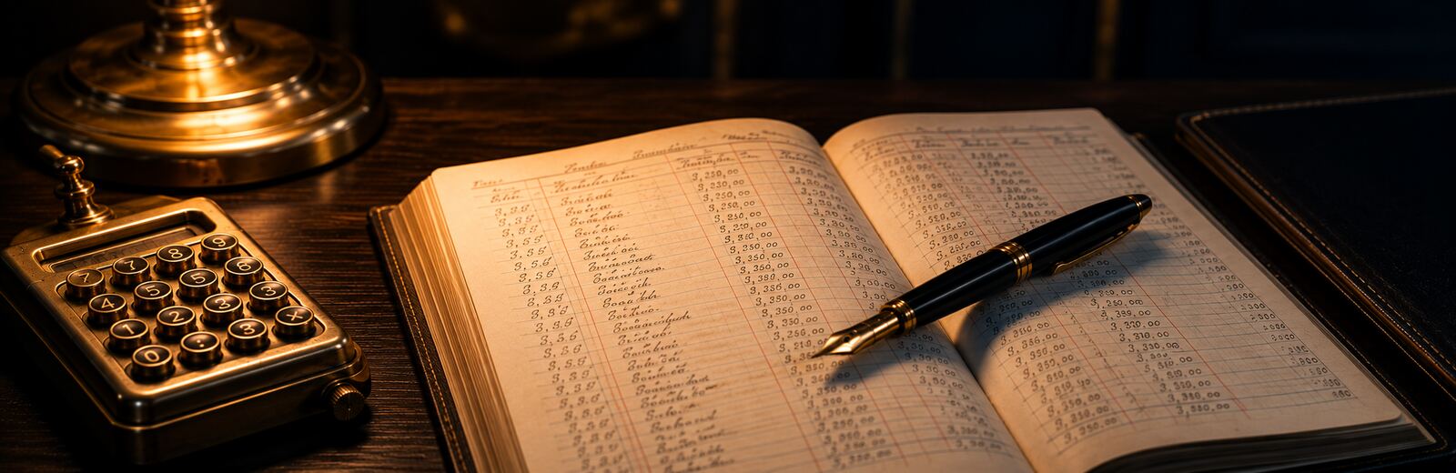 An antique ledger book open on a desk, with columns of handwritten figures, a fountain pen resting across the page, and a brass calculator beside it, evoking the accounting record-keeping behind a working capital adjustment